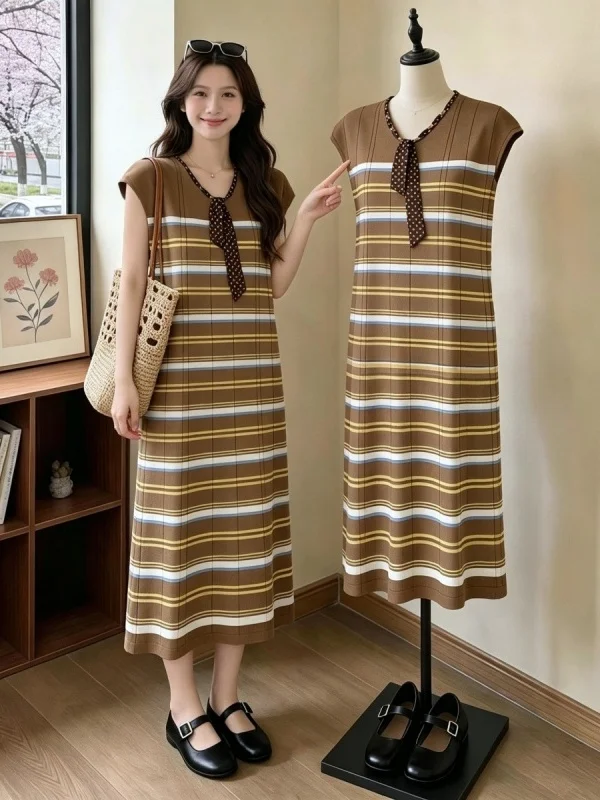 

plus Size Casual Loose Stripe V-Neck Scarf Dress Comfortable Summer Lazy Style Slimming T-Shirt Dress Skin-Friendly Breathable
