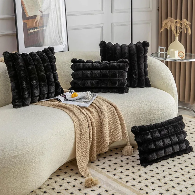 Rabbit Fur Plush Oversize Check Pillowcase Nordic Luxury Winter Solid Color Sofa Cushion Case Cozy Living Room Pillow Cover