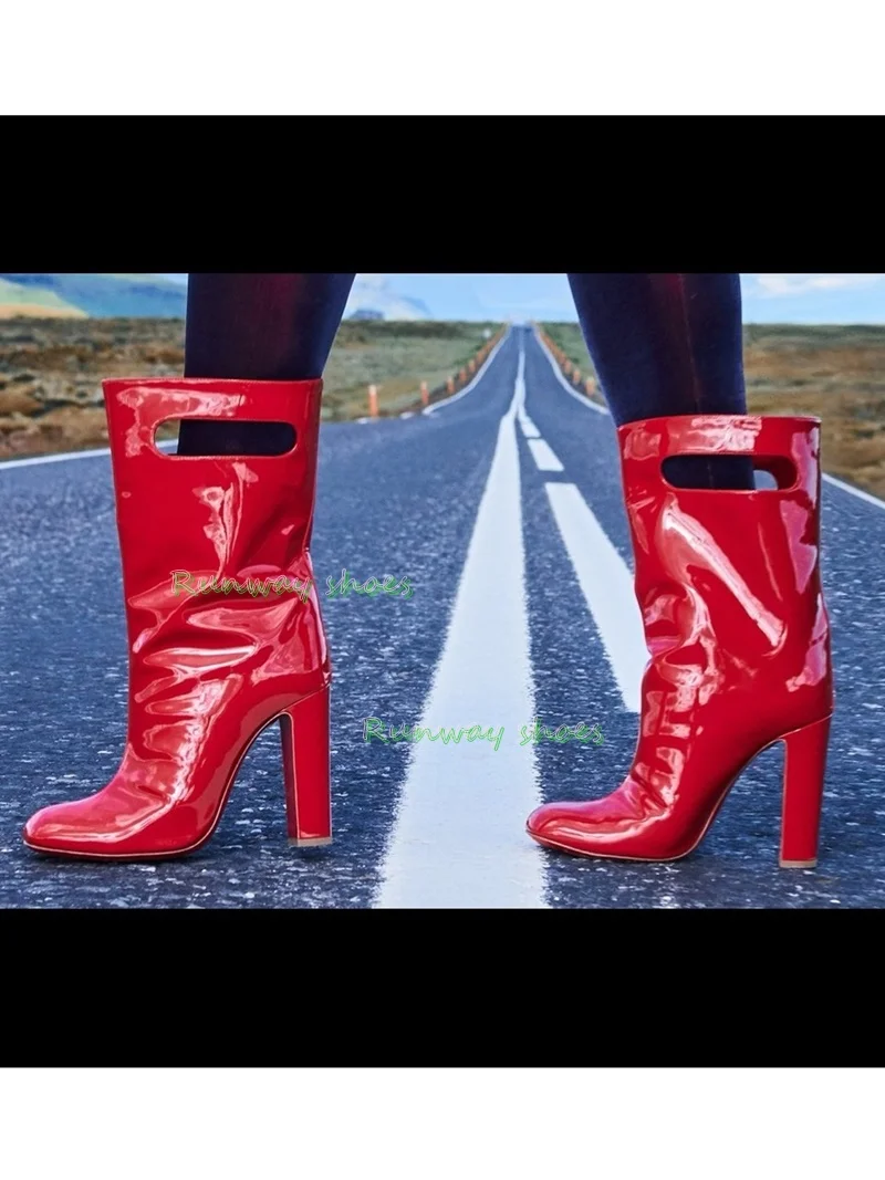 Red Patent Leather Cutout / Openwork Ankle Boots Round Head Chunky Block Heel Unique Design Manual Luxurious Women's Boots 205