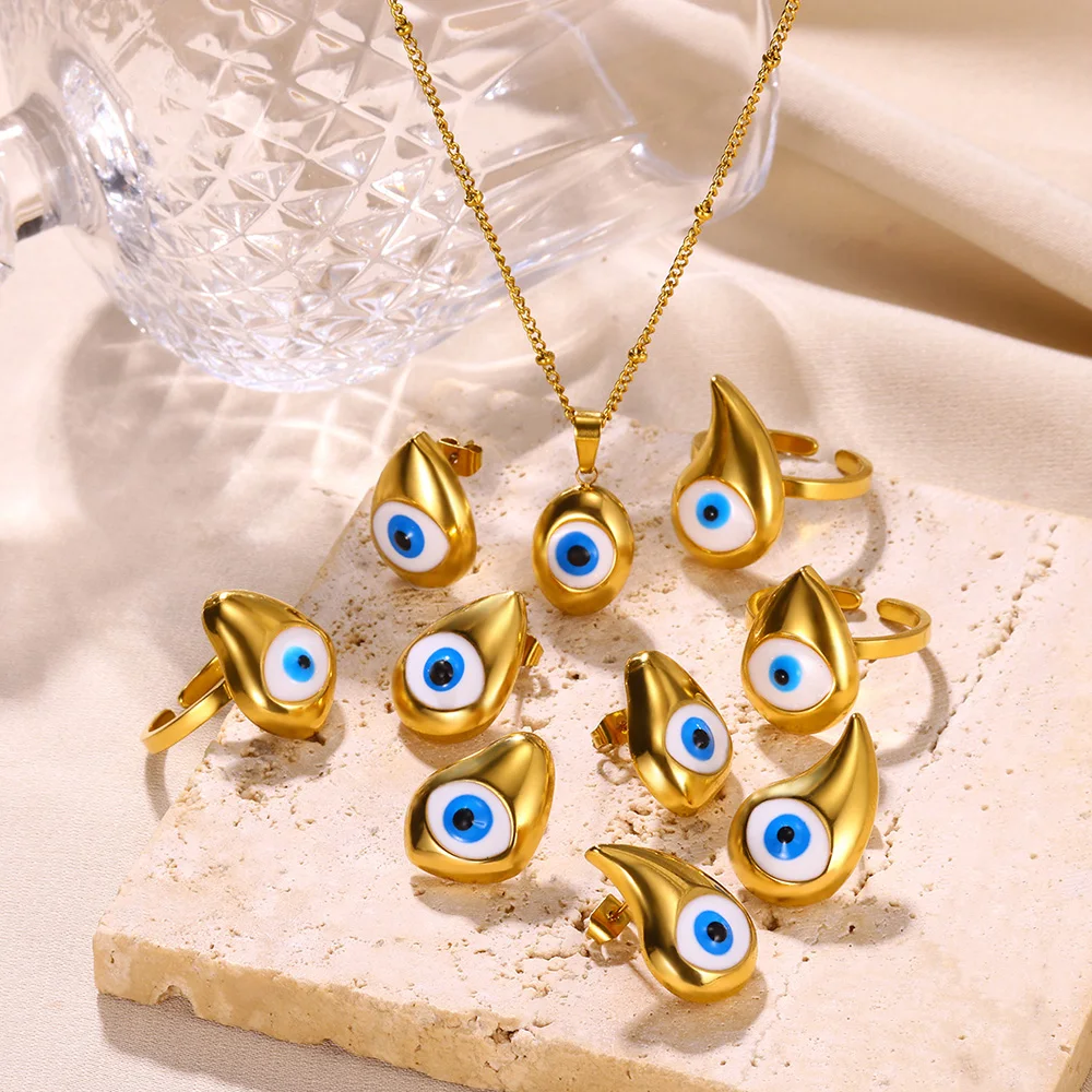 Fashion Blue Devil Eye Jewelry Set Gold Color Stainless Steel Charm Necklace Ring Earring Non Fading Exquisite Bijoux Sets Gift