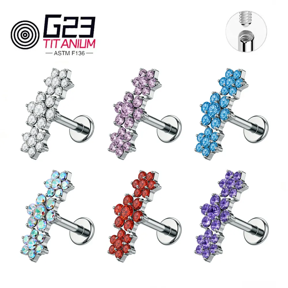 ASTM F136 Titan Dreifach-CZ-Blumencluster Labret mit Innengewinde für Tragus, Monroe, Knorpel – Detail 2