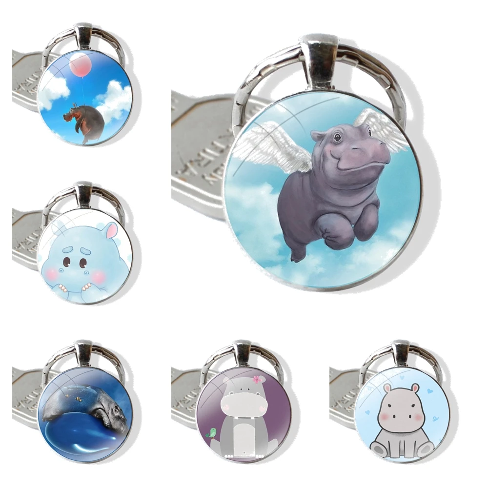 Cute animal cartoon hippo glass cabochon keychain Car key chain Charms keychains Gifts Accessories Phone Cases Covers