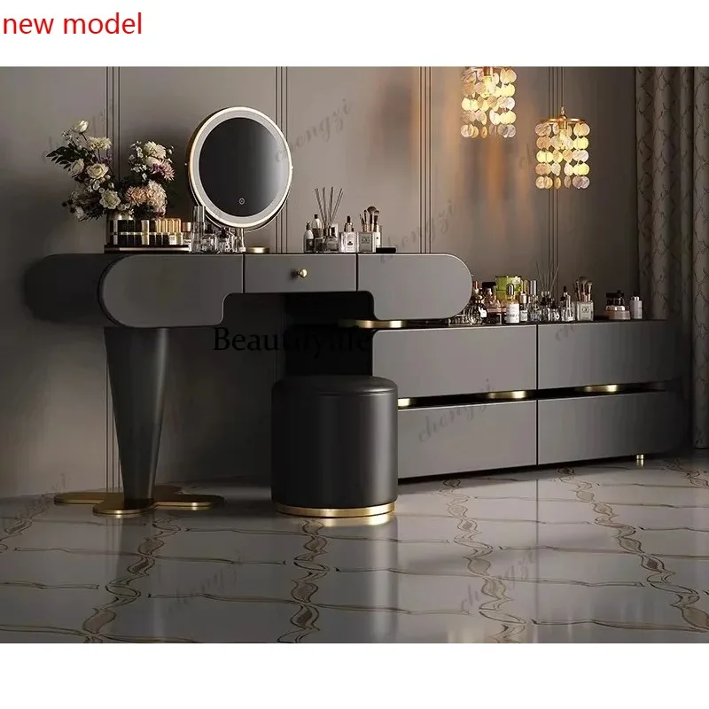 N138Luxury Modern Dressing Table Integrated LED Mirror Makeup Mirror Storage Vanity Desk Home Stool Wooden Cabinet Bedroom Furni