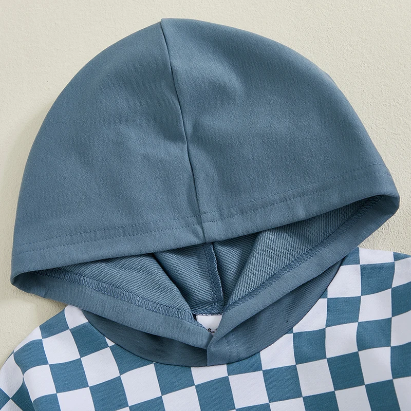 Herbst-Outfits für Kleinkinder und Jungen, kariertes Print-Langarm-Kapuzenpullover mit elastischem Bund und langen Hosen-Set