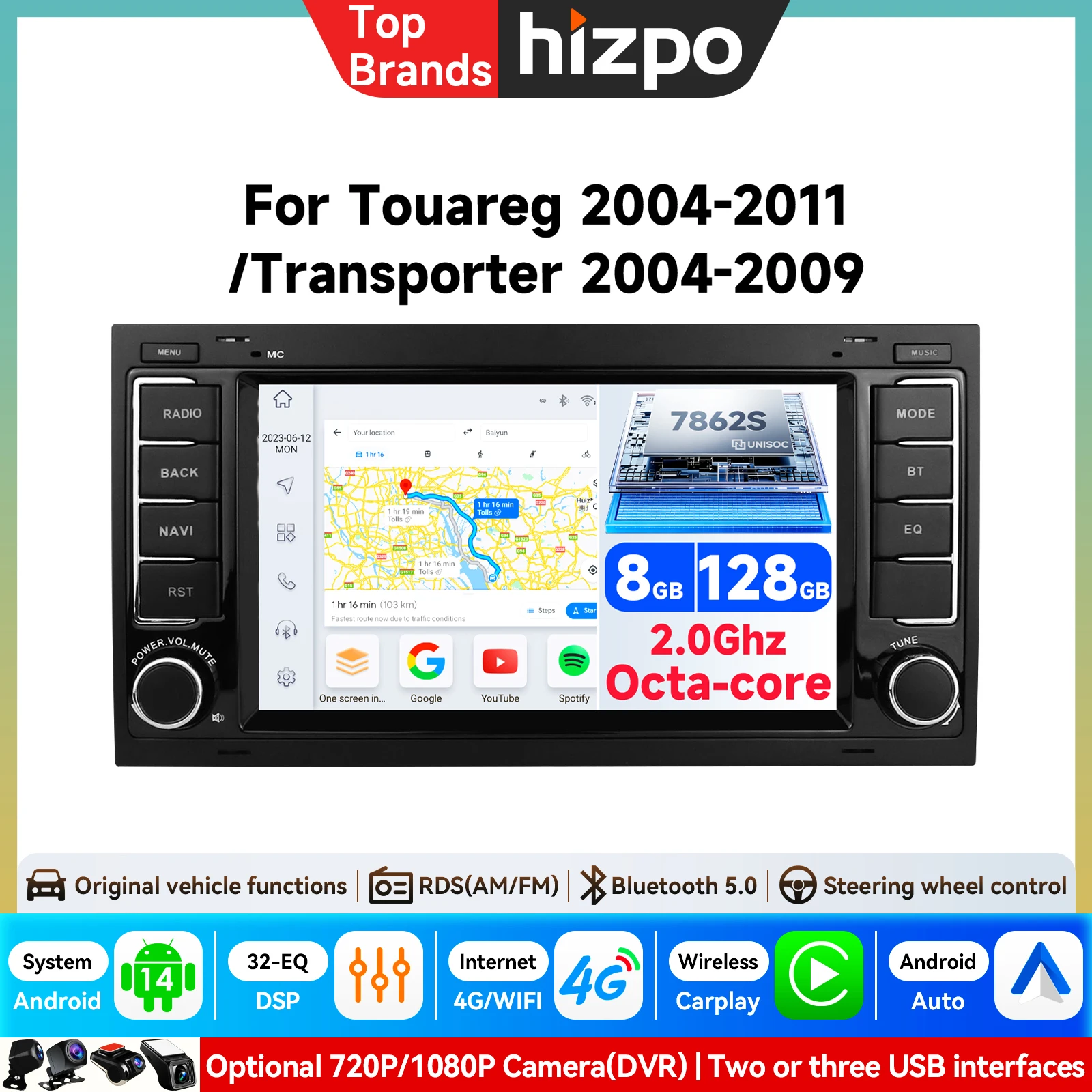 Autoradio Carplay 4G-LTE 7'' pour VW Volkswagen Touareg Multivan Transporter T5 2004-2011 CarPlay sans fil Android Auto