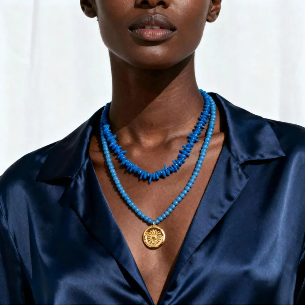 

Summer Ethnic Blue Multilayer Coral Beads Necklace Cactus Pendant Retro Western Choker Beach Fashion Accessory Gift