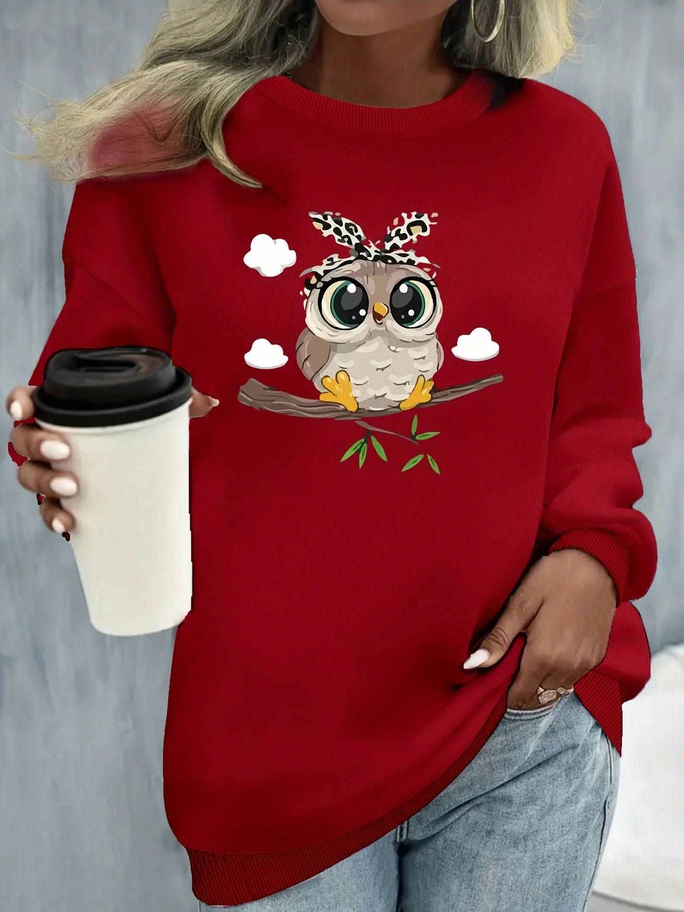 Jersey informal holgado y cómodo con estampado de gato para mujer, jersey de manga larga con cuello redondo, otoño e invierno