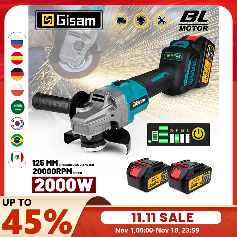 Gisam 125mm M14 브러시리스 앵글 그라인더 7 기어 무선 연삭기 마키타 18V 배터리용 목공 전동 공구