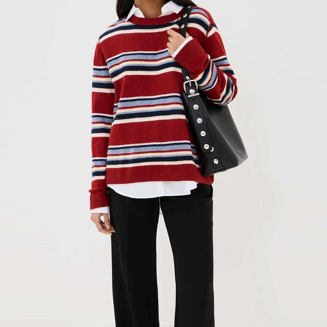 Rood Gestreepte Trui Dames Lange Mouw Trui Oversized Crewneck Sweatshirt voor Dames Herfst Sweatshirts Casual Loose Fit Tops