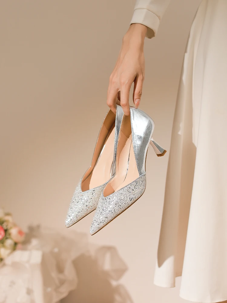 Temperament Kitten With High Heels Imperial Sister Sexy Silver Pointed Women's Stiletto Banquet Dress Single Shoes 7316