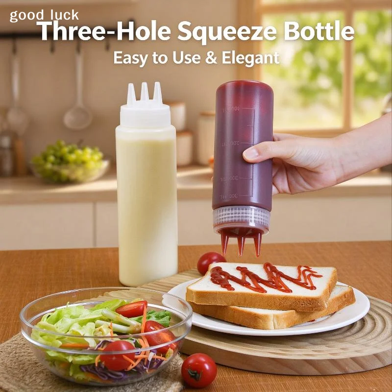 Answer3 Hole Squeeze Condiment Bottles BPA Free Food Grade Plastic Clear Measurement Marks For Kitchen Salad Dressing Dispensin