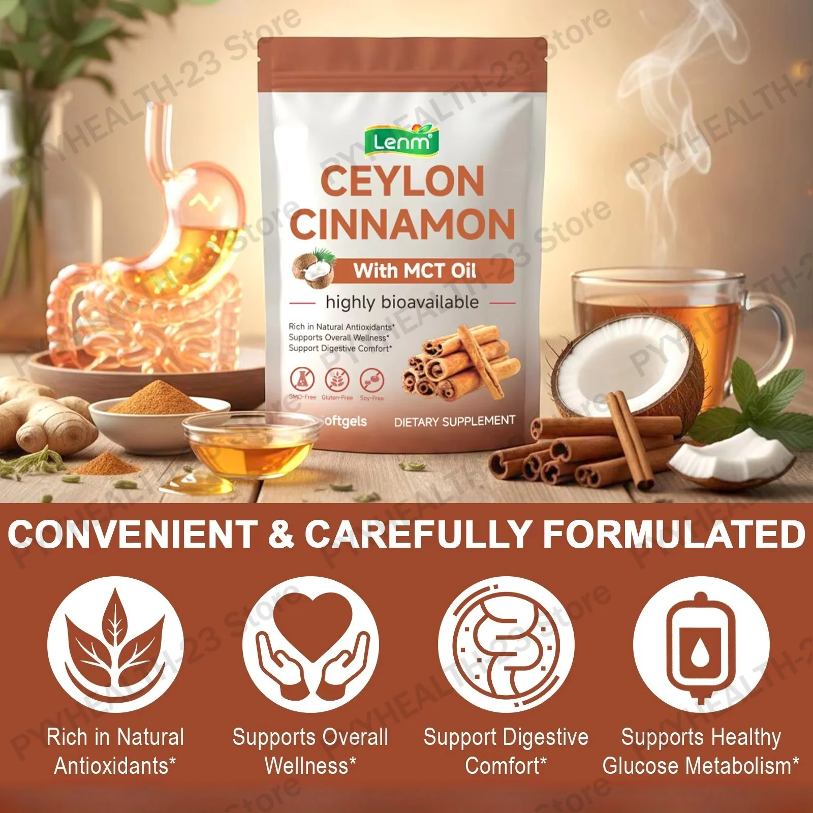 Ceylon Cinnamon Extract Softgels Nourish Intestines Digestive Comfort Fatigue Relief Sugar Balance Anti-Age with MCT Oil 300 Pcs