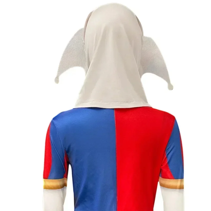 De verbazingwekkende digitale circus cosplay pomni kostuum leuke cartoon anime clown bodysuit grappige home party kleding voor kinderen volwassenen