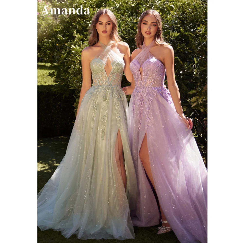 Amanda Elegant V-neck Beaded Prom Dress 2024 Sweetheart Halter Neck A-line Quinceanera Dress Sexy Backless vestidos de fiesta