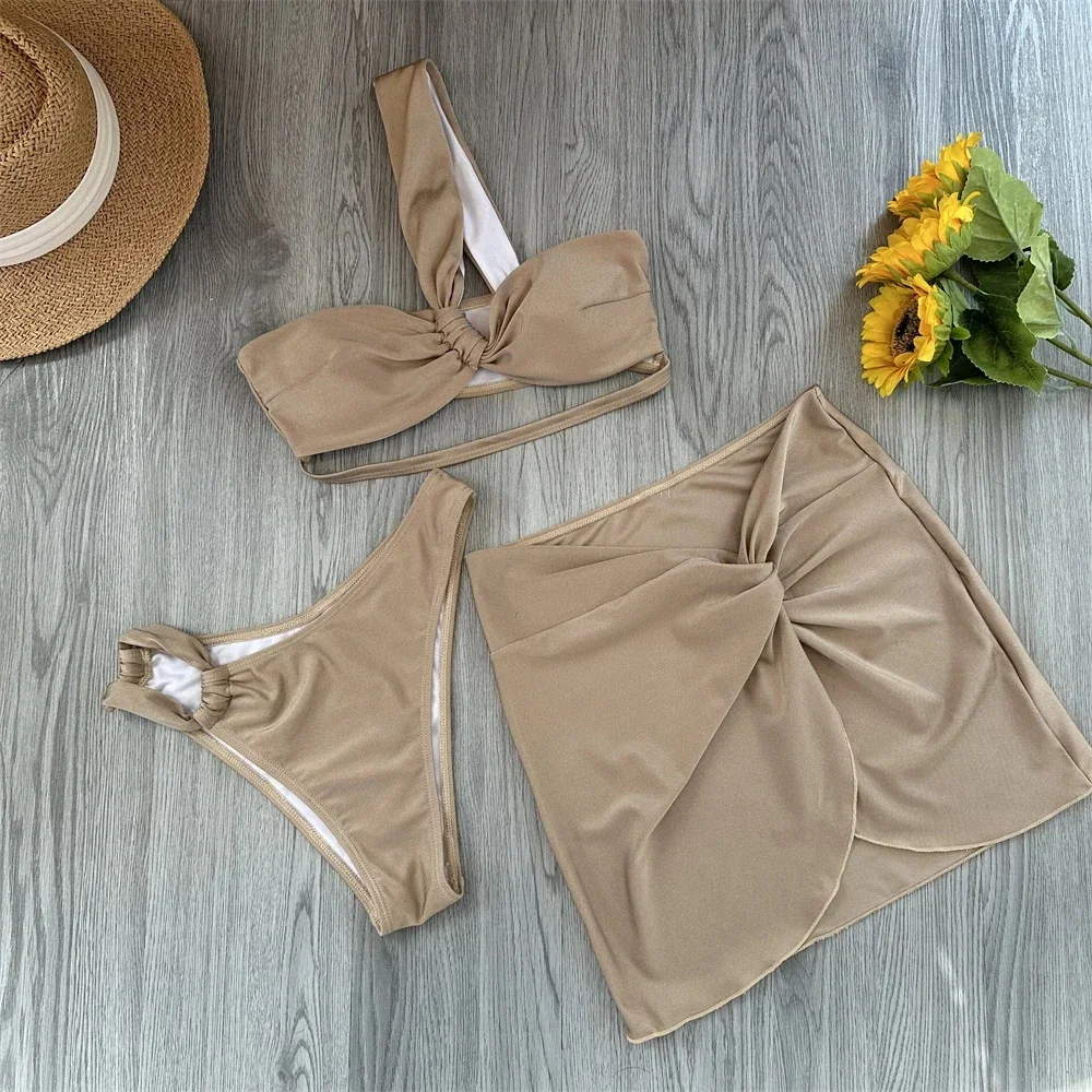 3 Piece Bikini Women Swimsuits 2025 Female Swimwear Beachwear Swimming Suit Bathing Suit Bikini Set One Shoulder Biquini