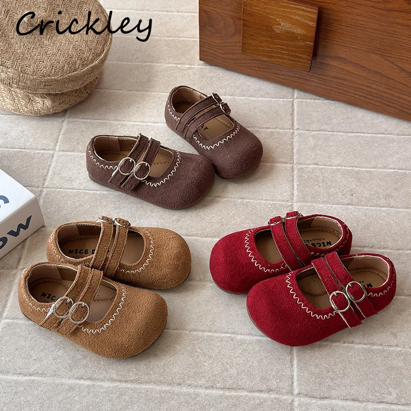 

Solid Sewing Girls Flats Shoes Spring Autumn Buckle Non Slip Children Princess Shoes PU Leather Hook Loop Kids Mary Janes
