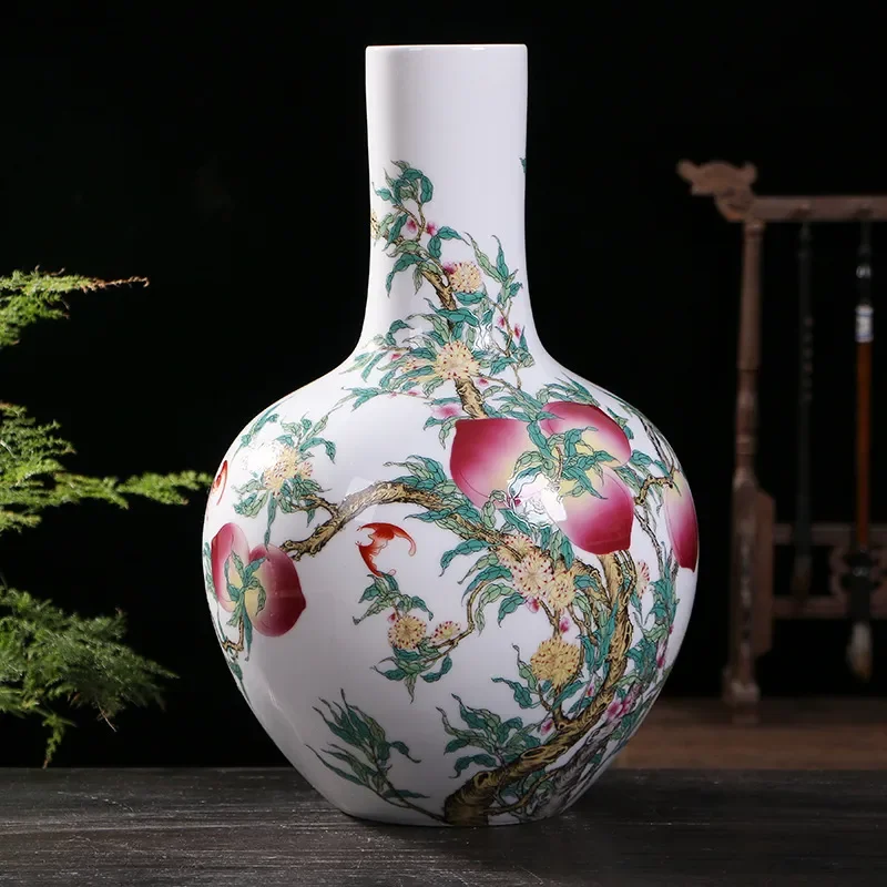 for Antique Chinese Pastel Nine Peach Celestial Ball Bottle Jingdezhen Ceramic Vase Decorative Ornament Home Living Room