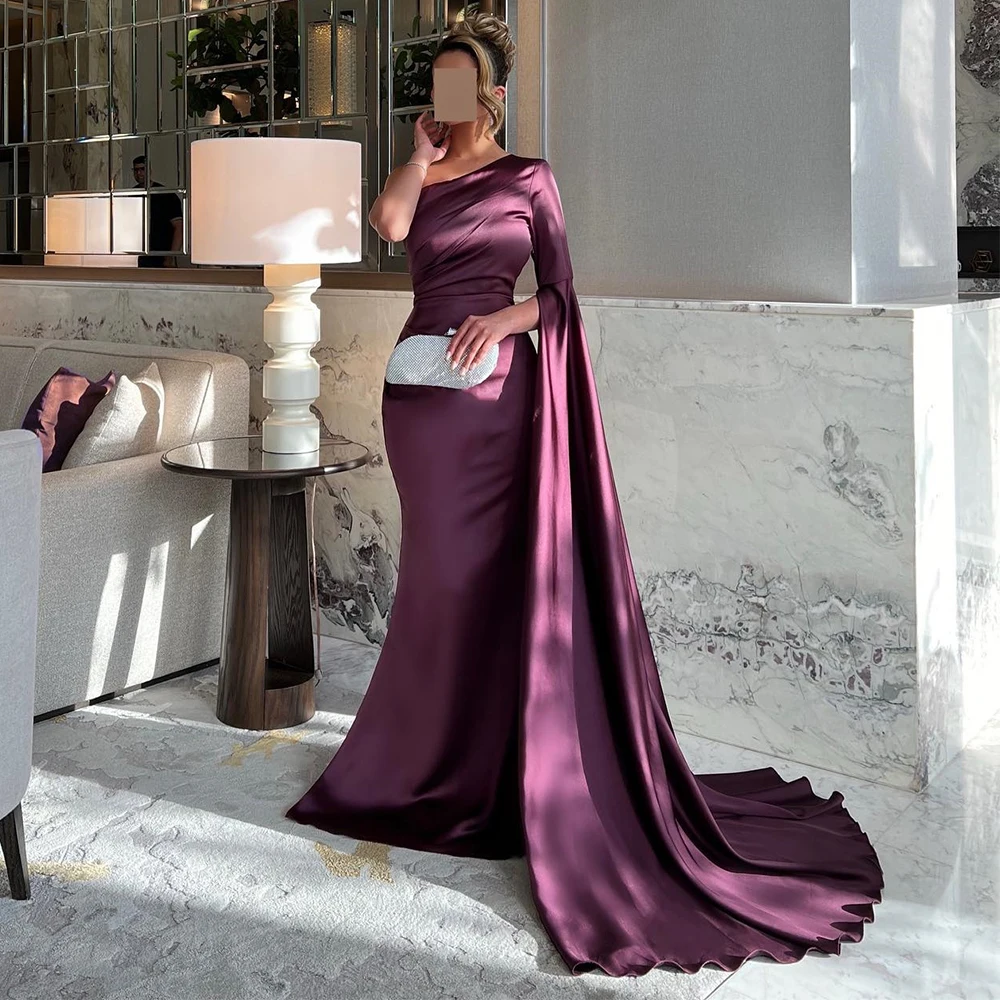 

Satin One Shoulder Mermaid Evening Dress Watteau Train Pleats Floor Length Formal Occasion Gowns Saudi Arabia Celebrity Dresses