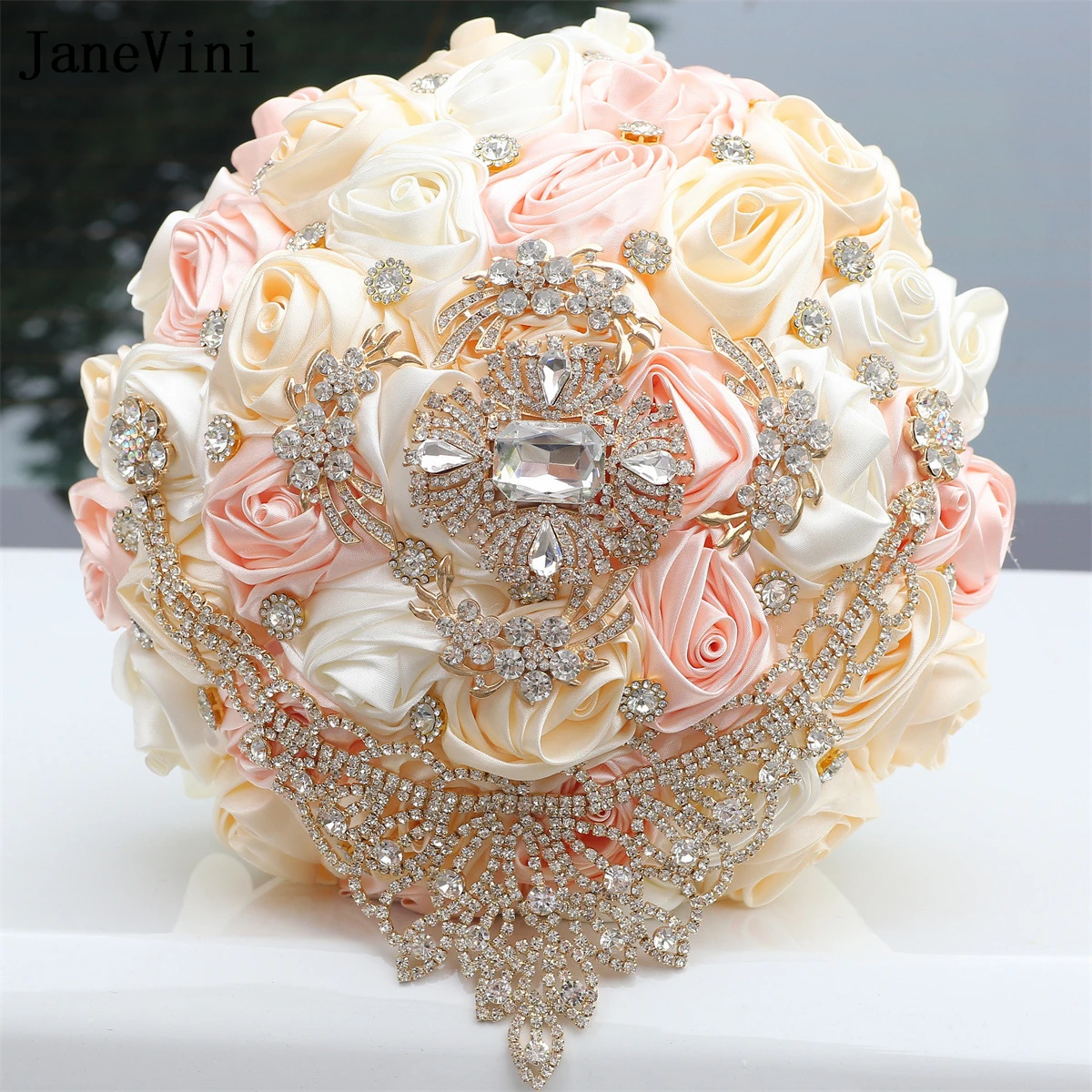 JaneVini-ramos de novia con diamantes de imitación dorados de lujo, decoración de boda, flores de satén, rosas, rosa claro, ramo de novia romántico