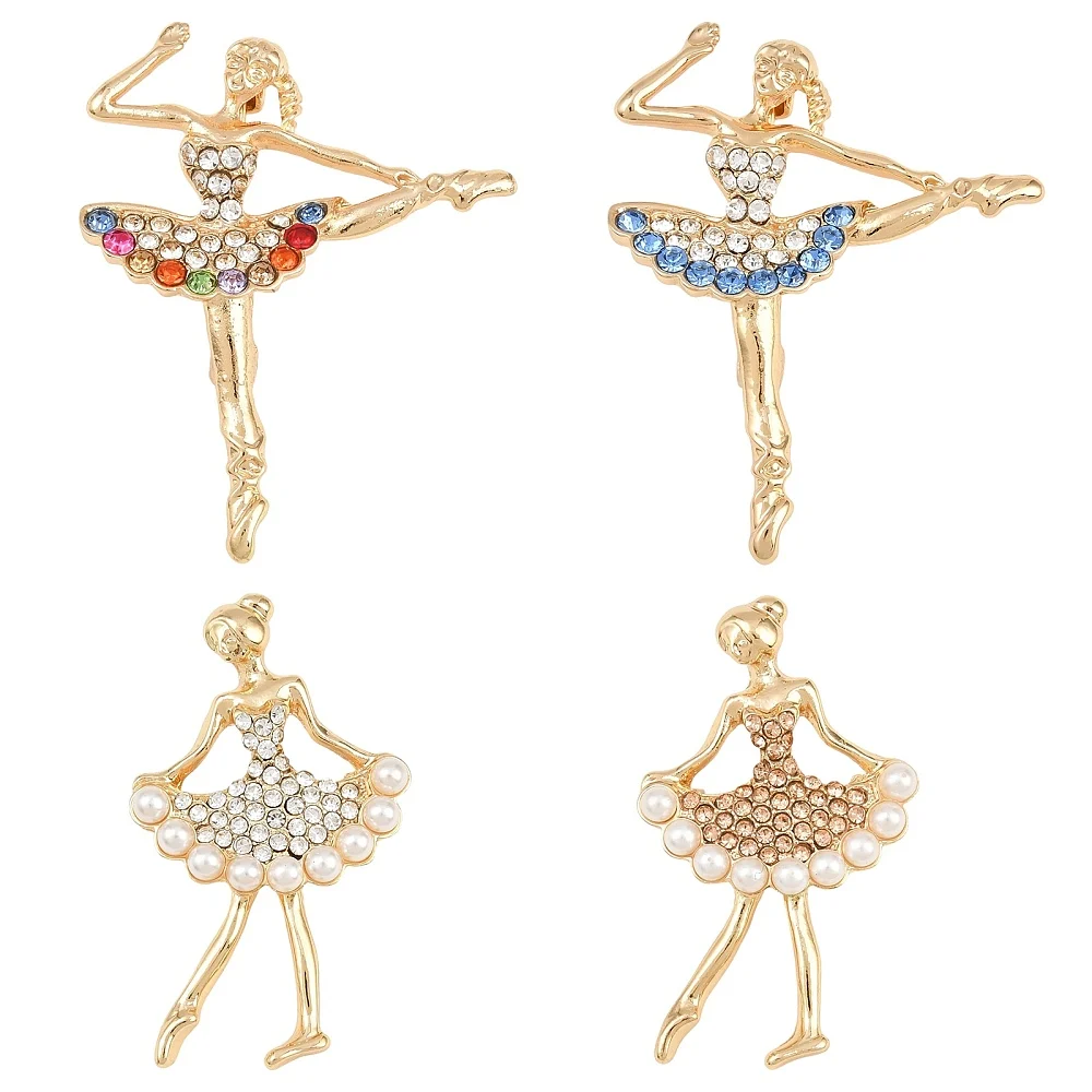 4pcs Women Ballet Dancer Brooch Pin Alloy Rhinestone Pearl Decor Lapel Brooches for Clothes Scarf Hat Party Ornament Gift