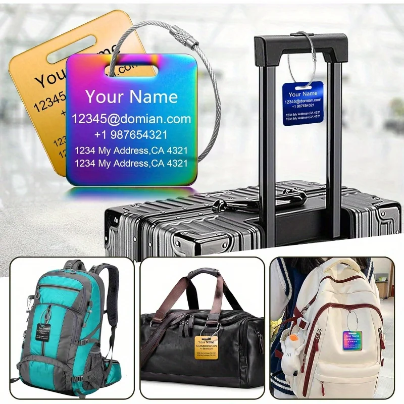Personalisierter Kofferanhänger mit Namen, individueller Text, Gravur, personalisierte Etiketten, Anti-Verlust-Reisezubehör aus Edelstahl – Detail 5