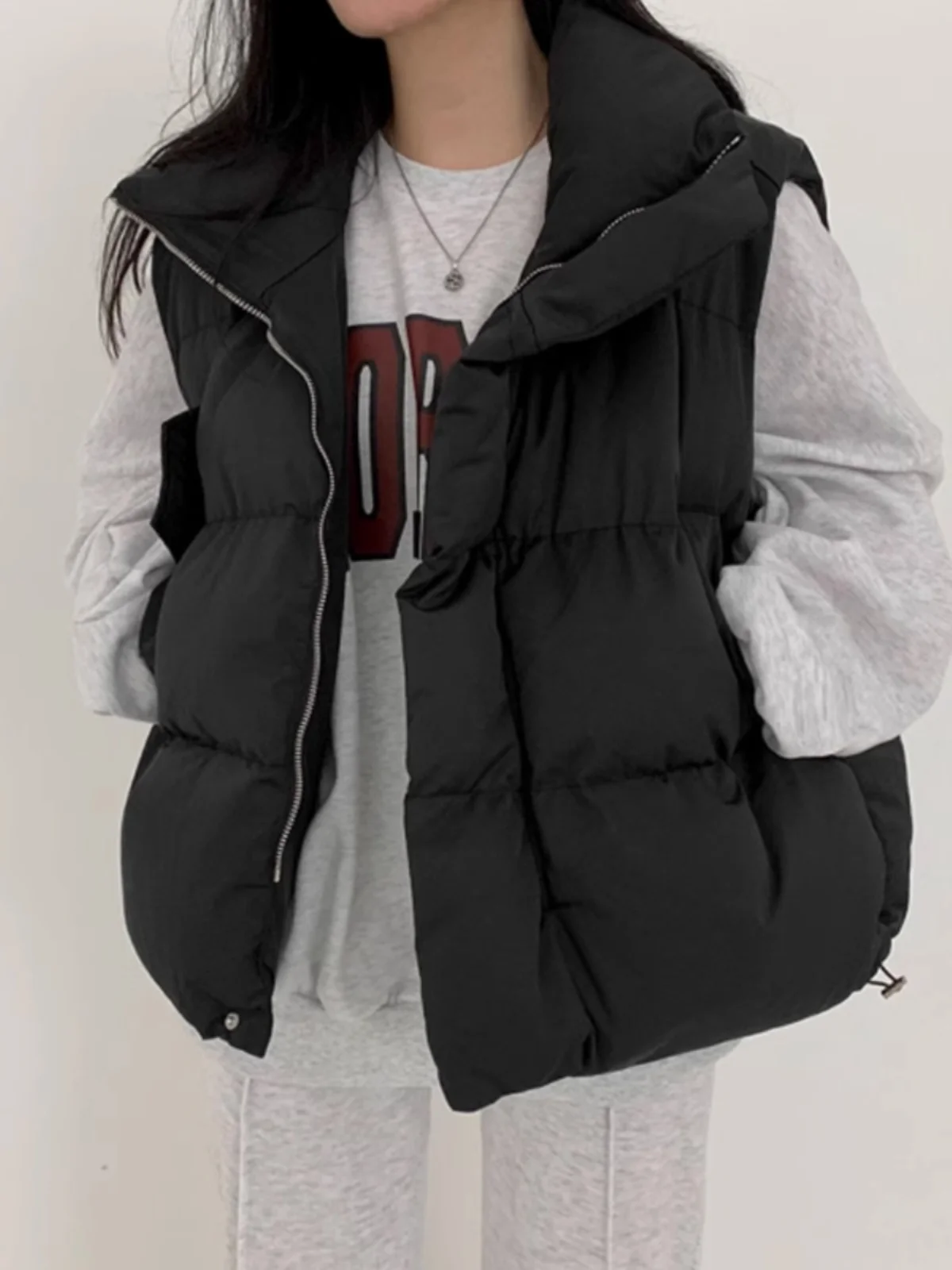 

Loose Women's Cotton Jacket Vest High Collar Zipper College Style Autumn Winter Loose Fit Zip up Top Half High Collar Vest