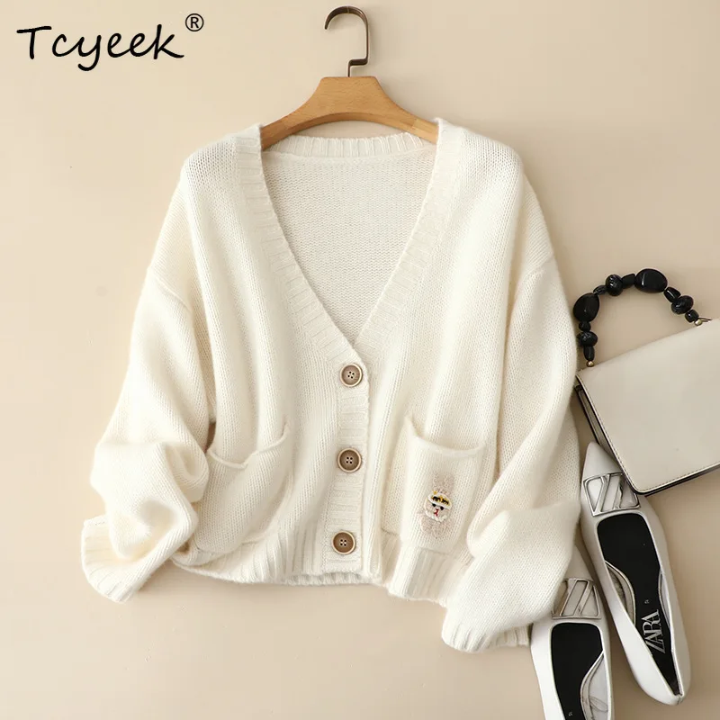Tcyeek, 4G 100% Pure Cashmere Cardigans,ผู้หญิงVคอเย็บปักถักร้อย,Elegantหวานถักเสื้อกันหนาว,2024 ฤดูใบไม้ร่วงฤดูหนาวT48938QC