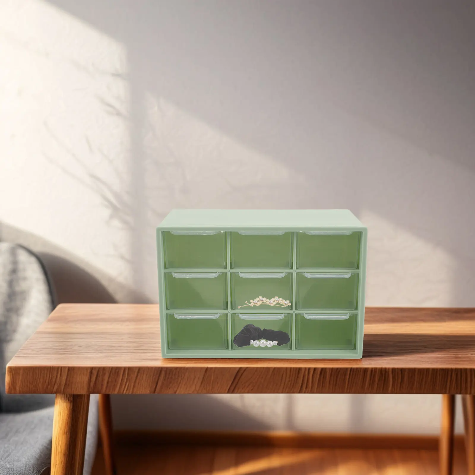 

9 Drawer Clear Plastic Jewelry Organizer Box for Earrings Rings Necklaces Bracelets Desktop Storage Display Case Green