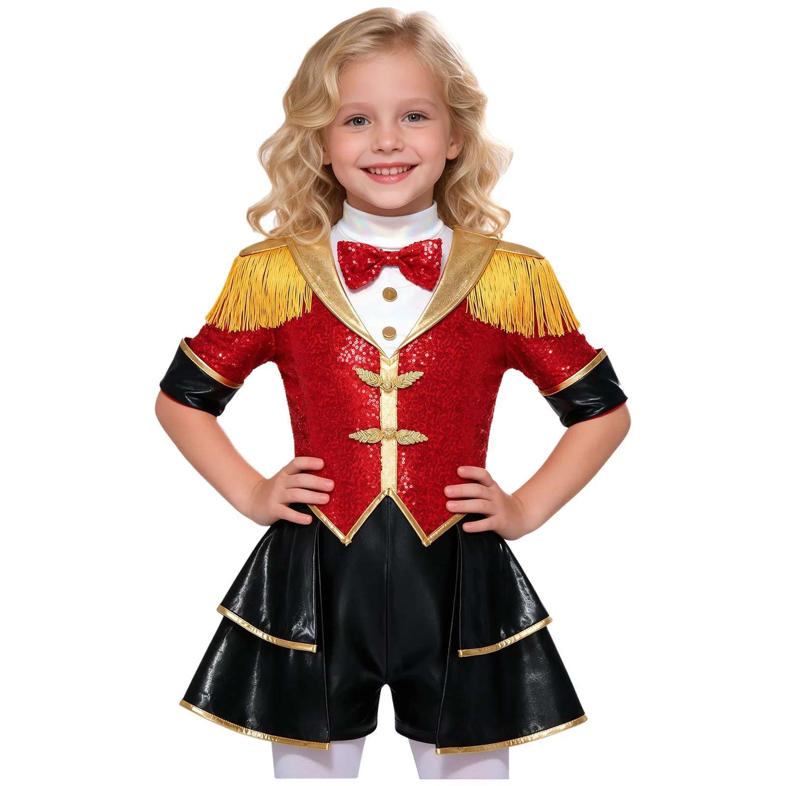 Kids Girls Unitard Ringmaster Costume Sequin Metallic Skirted Jumpsuit for Halloween Carnival Drum Major Circus Fancy Dress