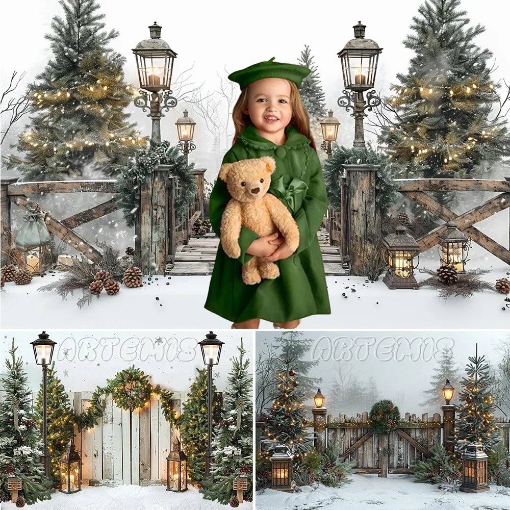 Winter Christmas Photography Backdrop Street Lamps Christmas Trees Snow Wooden Fence Wreath Background Photo Studio Photo-call