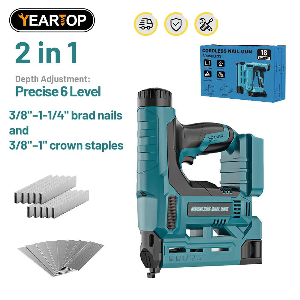 

YEARTOP 6 Gear Depth Adjust Electric Nailer Stapler Gun F10~32 K10~K25 Woodworking Cordless Nail Gun Tool For Makita 18V Battery