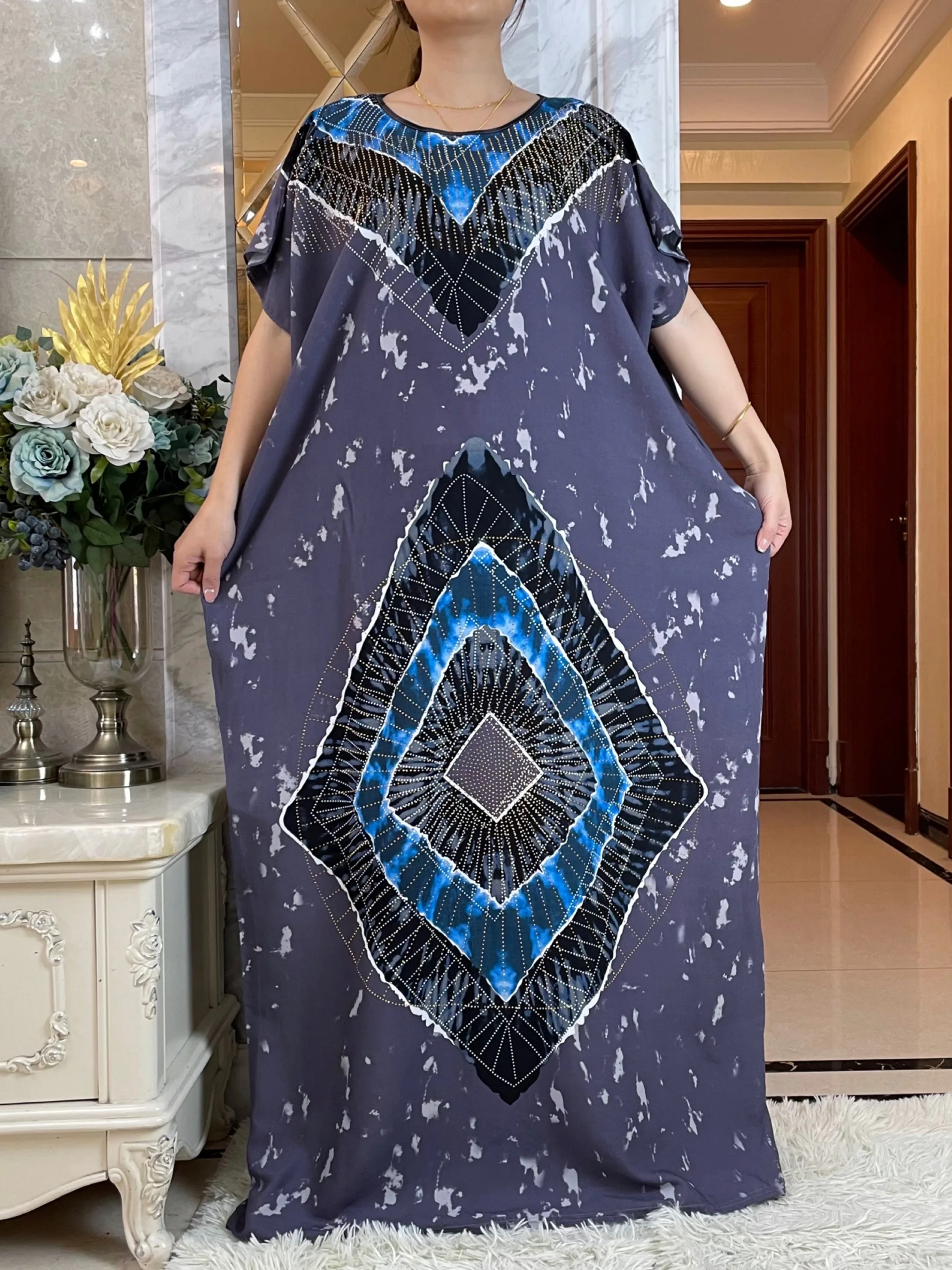 2024Summer Short Sleeve Printing Cotton Dresse With Big Scarf African Dashiki Floral  Loose Caftan Lady  Maxi Casual Vestidos