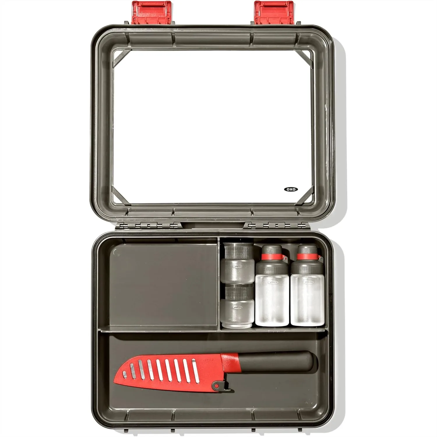 

Camp Kitchen Prep Set, 7-Piece Outdoor Cooking Kit with Cutting Board, Knife, Leakproof Squeeze Bottles & Spice Shakers