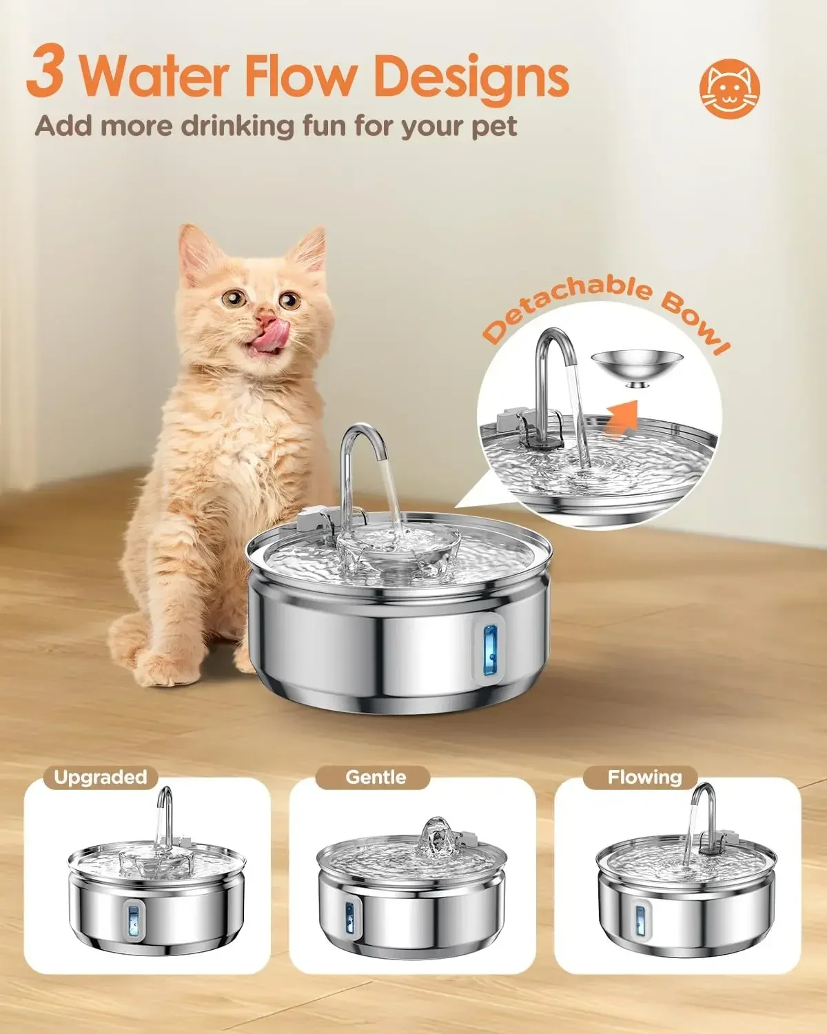 Cat Water Fountain 3.2L/108oz Upgraded Stainless Steel Pet Water Fountain for Cats Drinking Automatic Cat Water Bowl Dispenser