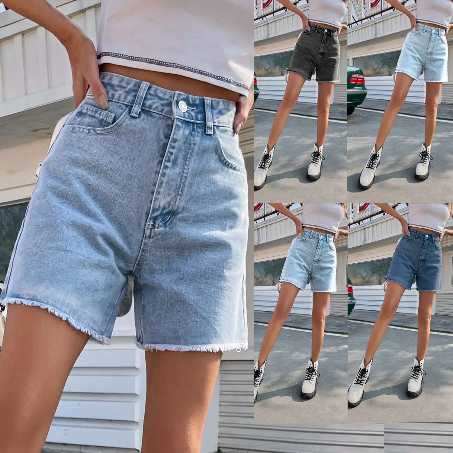 Vintage Jeans Denim Washed Shorts Solid Pockets Spliced High Waist Summer Button Sexy Casual Basics Slim Fit Distressed 2024