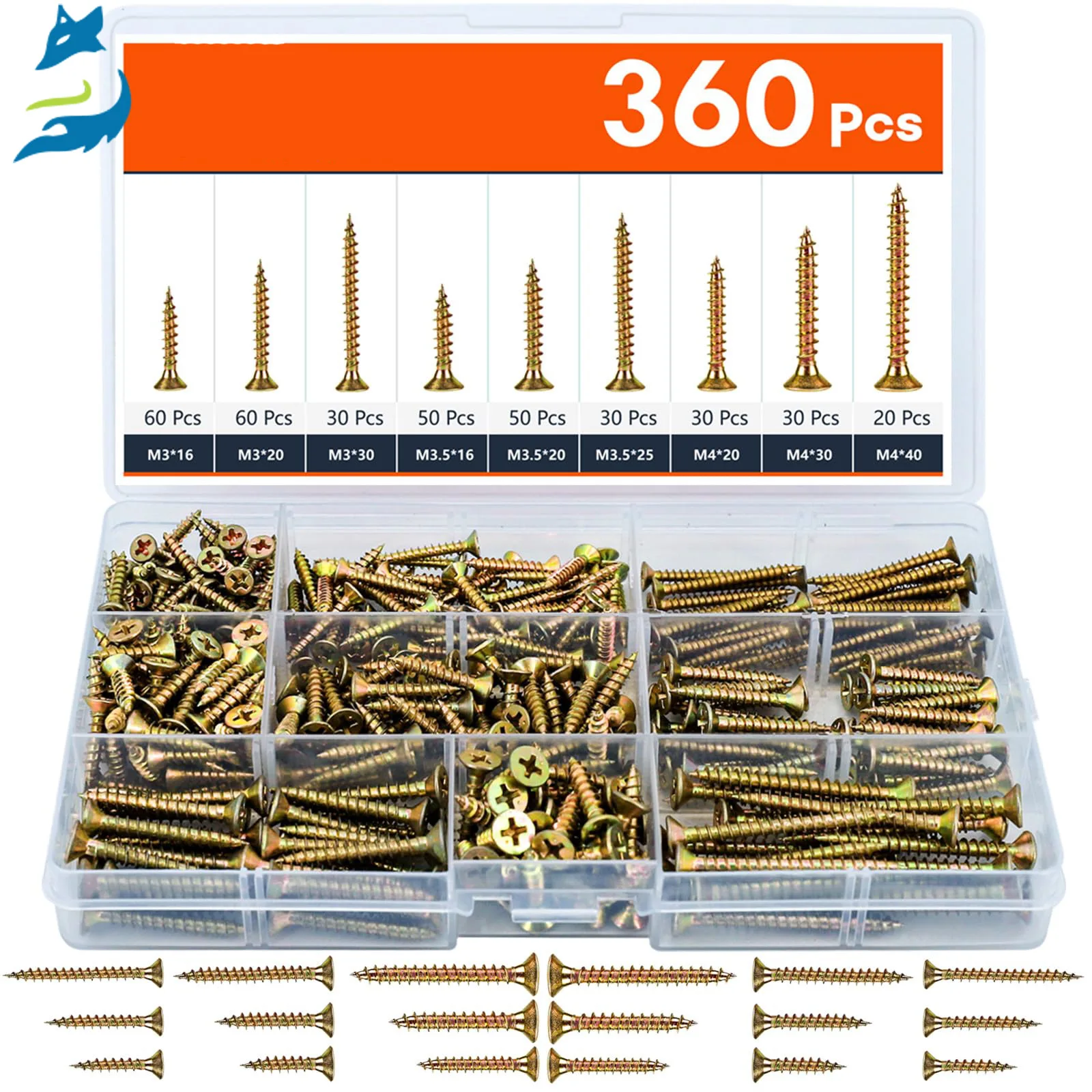

360Pcs Boxed Cross Countersunk Fiber Nails Wood Hardware Screws Self-Tapping Wood Screws Set
