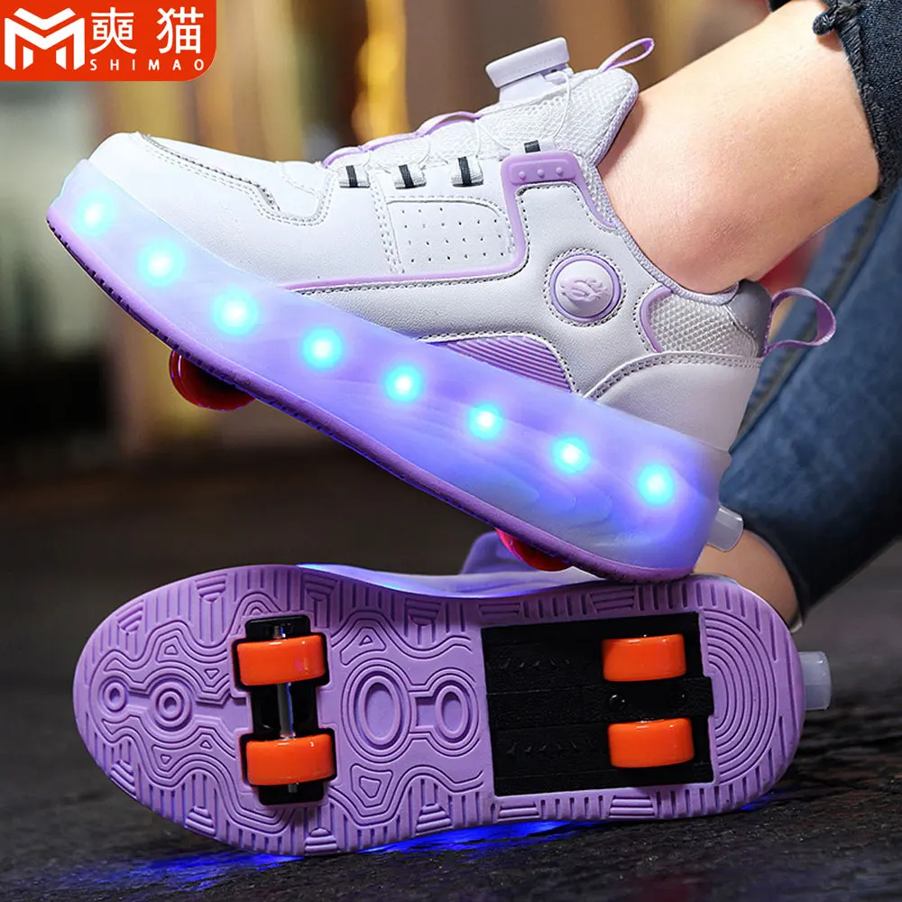 4 Wheels Roller Skates Kids Boy Girl Sneaker Shoes Children Casual Shoes Women Students LED Glowing Outdoor Sport Skating Shoes