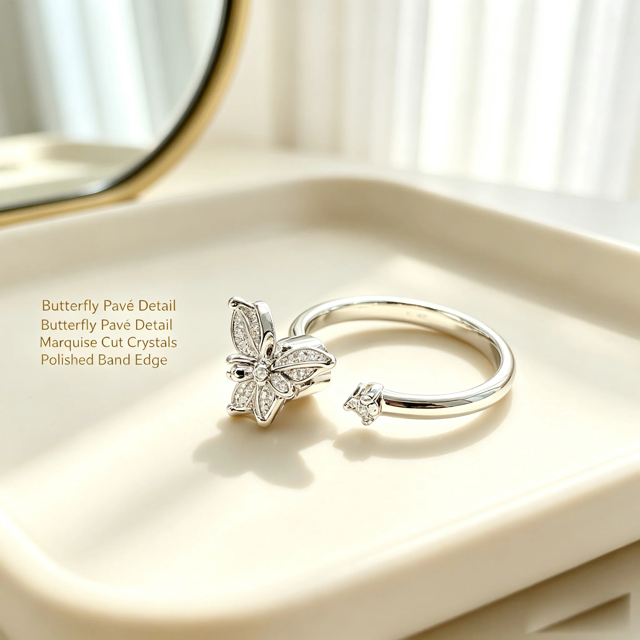 Butterfly Pave Crystal Ring Stainless Steel Adjustable Open Band Polished Edge Bling Statement Jewelry for Women Anniversary