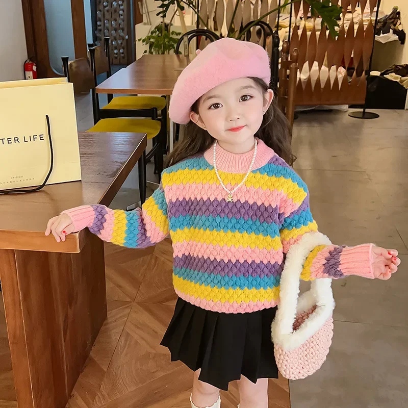 Girls Sweater 2023 Fall New Baby Girls Korean Pullover Sweater Girls Fall Tops Children's Padded Knitted Sweater Kids Clothes