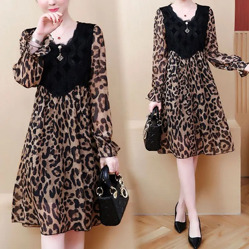 

Sexy Lace Leopard Spliced Midi Dress Spring Autumn New Long Sleeve Women's Clothing Fake Two Pieces Elegant A-Line Waist Dresses