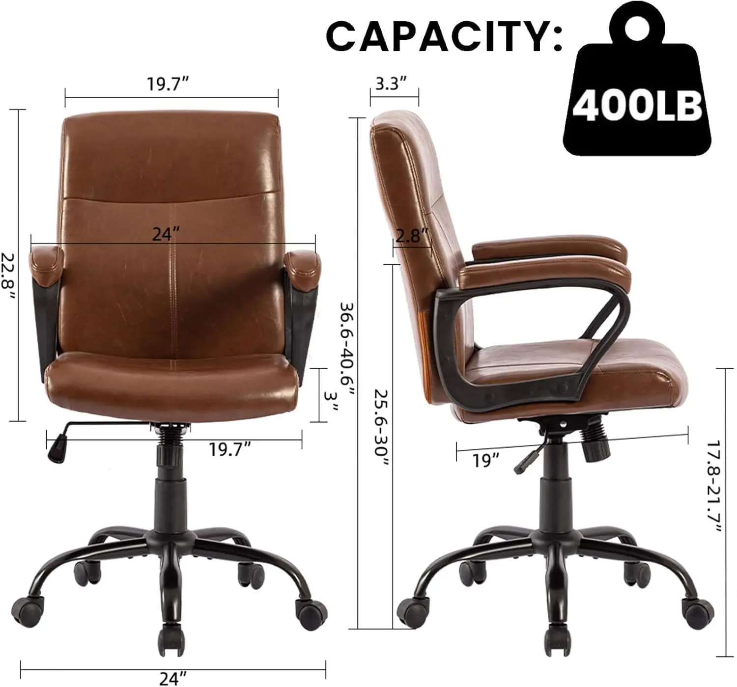 Stylish Brown Leather Office Chair with Armrest, Ergonomic Mid Back Desk Chair, 30° Tilting Backrest-400lbs Capacity Upholstered