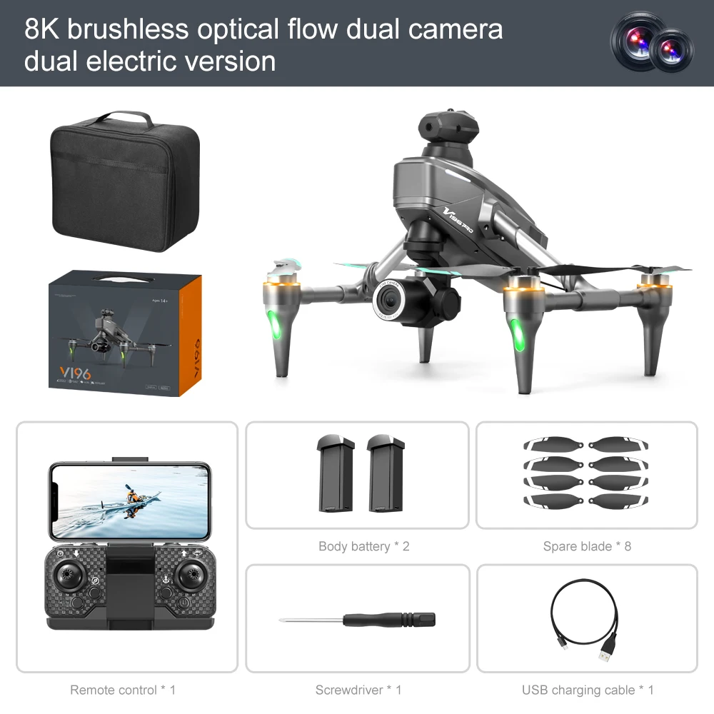 New V196 Fpv Drone 8K Professional Dual Camera Brushless WIFI FPV Obstacle Avoidance Optical Flow RC Foldable Quadcopter Toys