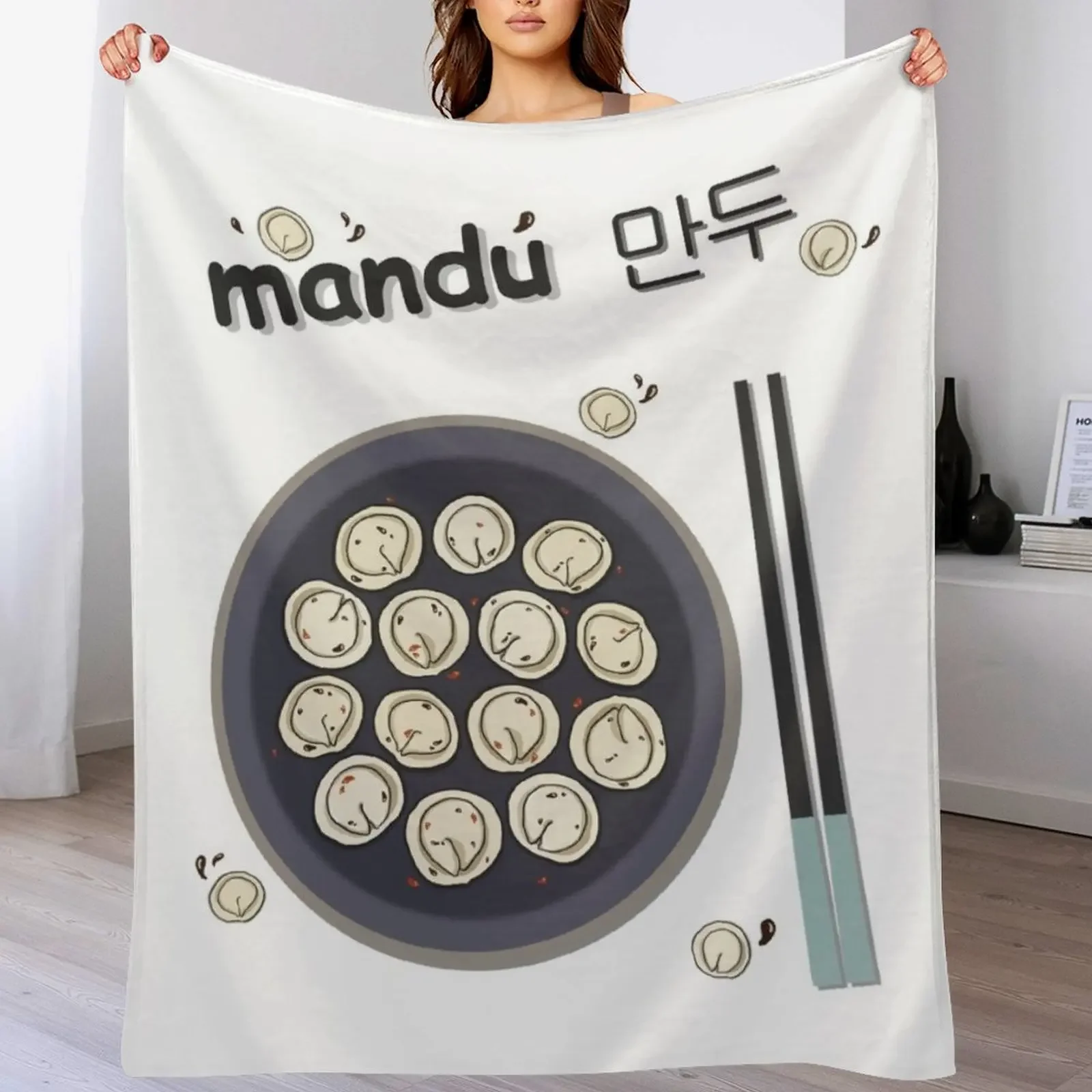 Manta de felpa suave con diseño de mandu coreano, divertido dibujo de comida asiática, ideal como regalo de inauguración de casa.