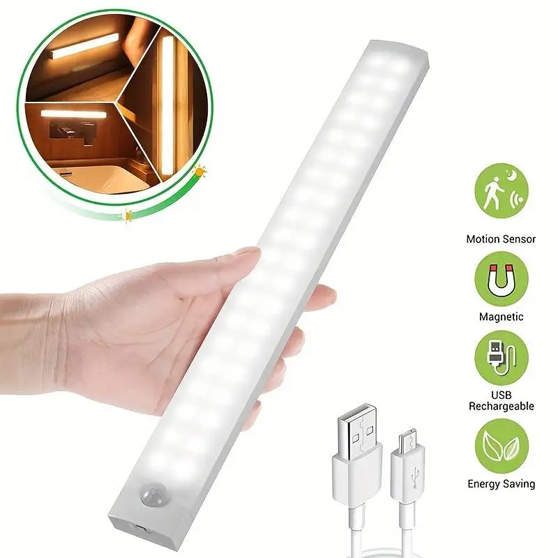 Led night light sensor de movimento luz do armário sem fio usb recarregável lâmpada armário guarda-roupa sob luz de fundo para cozinha