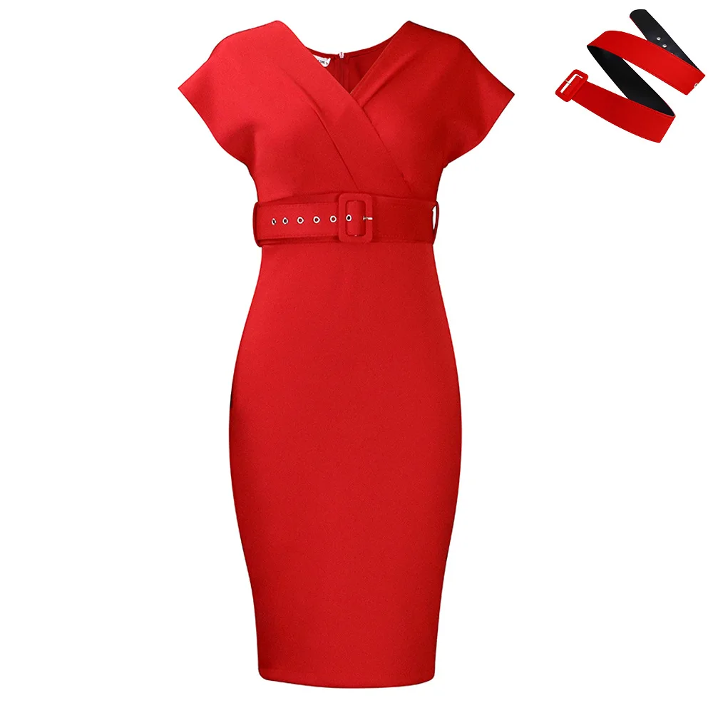 Elegant Commuter OL Dress Women Short Sleeve V-neck High Waist Solid Bodycon Pencil Dresses Female Clothing Fashion Party Gowns