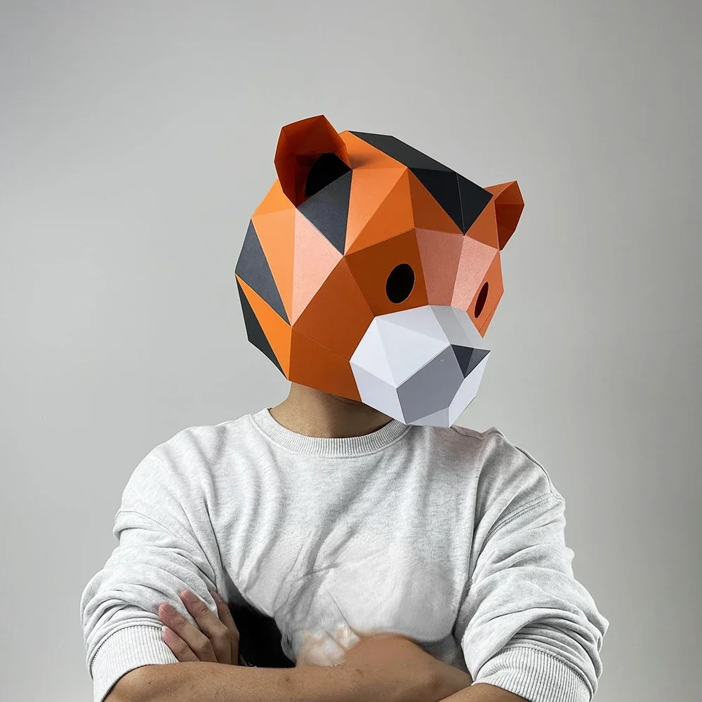 Masque de tête de tigre en papier 3D pour hommes et femmes, équipement de sauna, modèle animal, accessoires de cosplay d'Halloween, fête, pli, jeu, habillage, bricolage, artisanat, moule