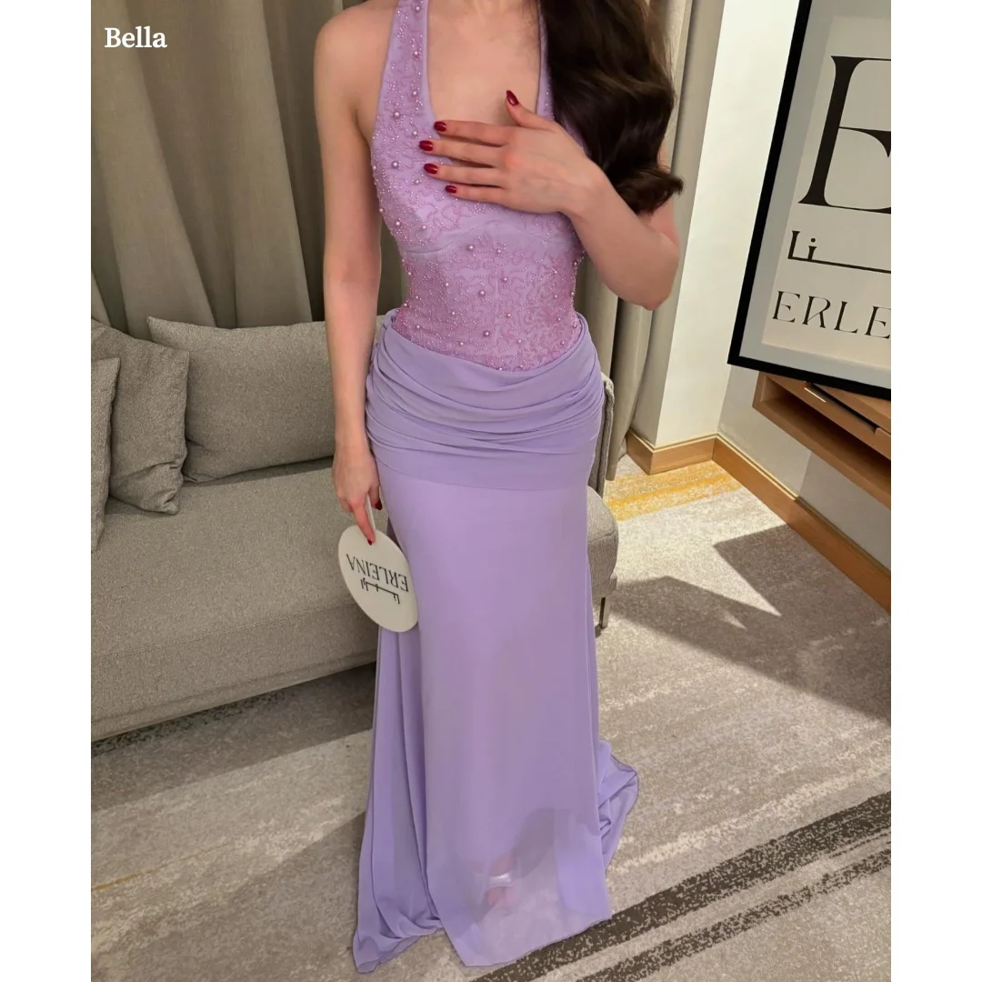 

Bella Customized Lavender Halter Prom Dress Lace Pearl Embellished Bodice Ruched Chiffon Mermaid Skirt Gown robes de soirée