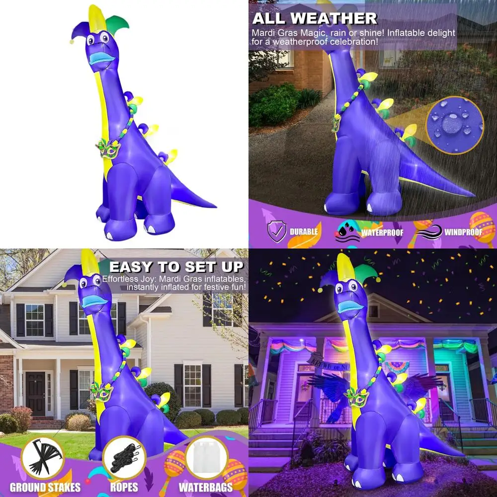 

Гигантский надувной динозавр Марди Гра 12 футов со светодиодной подсветкой для наружного и внутреннего карнавального украшения для газона