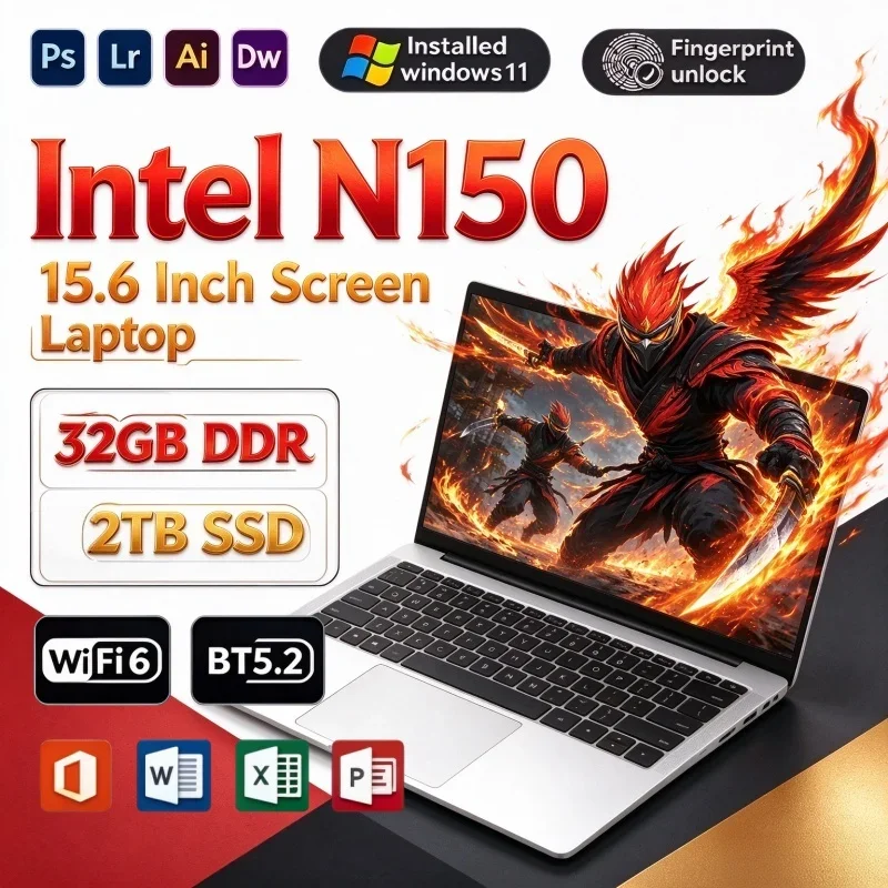 Hot New 2026 15.6 Inch Compact Ultra Slim Notebook Intel I9-N150 32GB RAM 2TB SSD Win11 Gamer Work Laptop