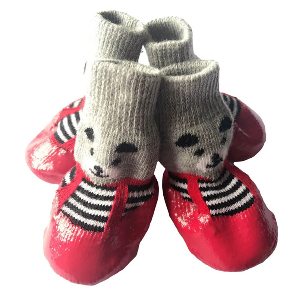 

4Pcs Soft Cotton NonSlip Pet Socks With Cartoon Prints For Dogs And Cats Protection Against Cold Snow Ice Salt Red